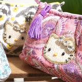 ビーズ刺繍モチーフ ハローキティ ブロックプリントポーチ(M)