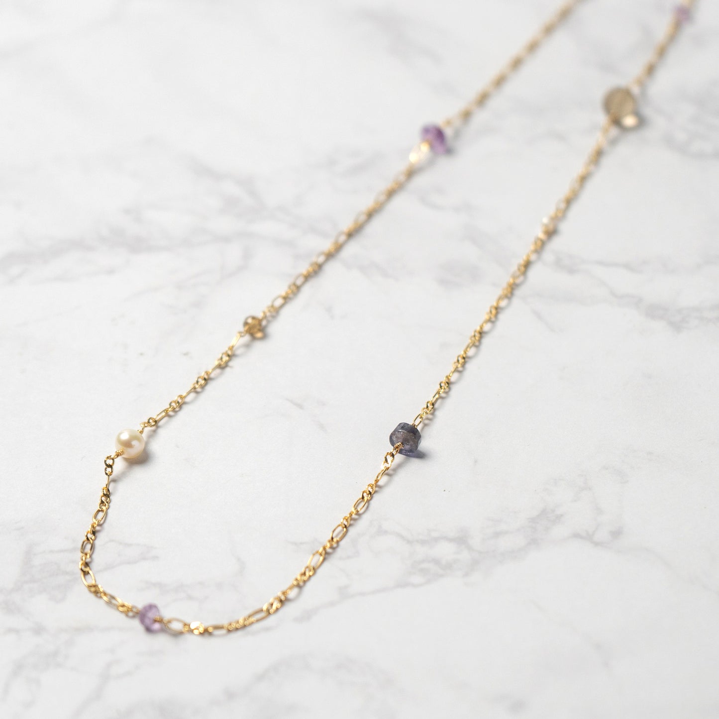 Iolite x Pink Amethyst x Freshwater Pearl Long Necklace