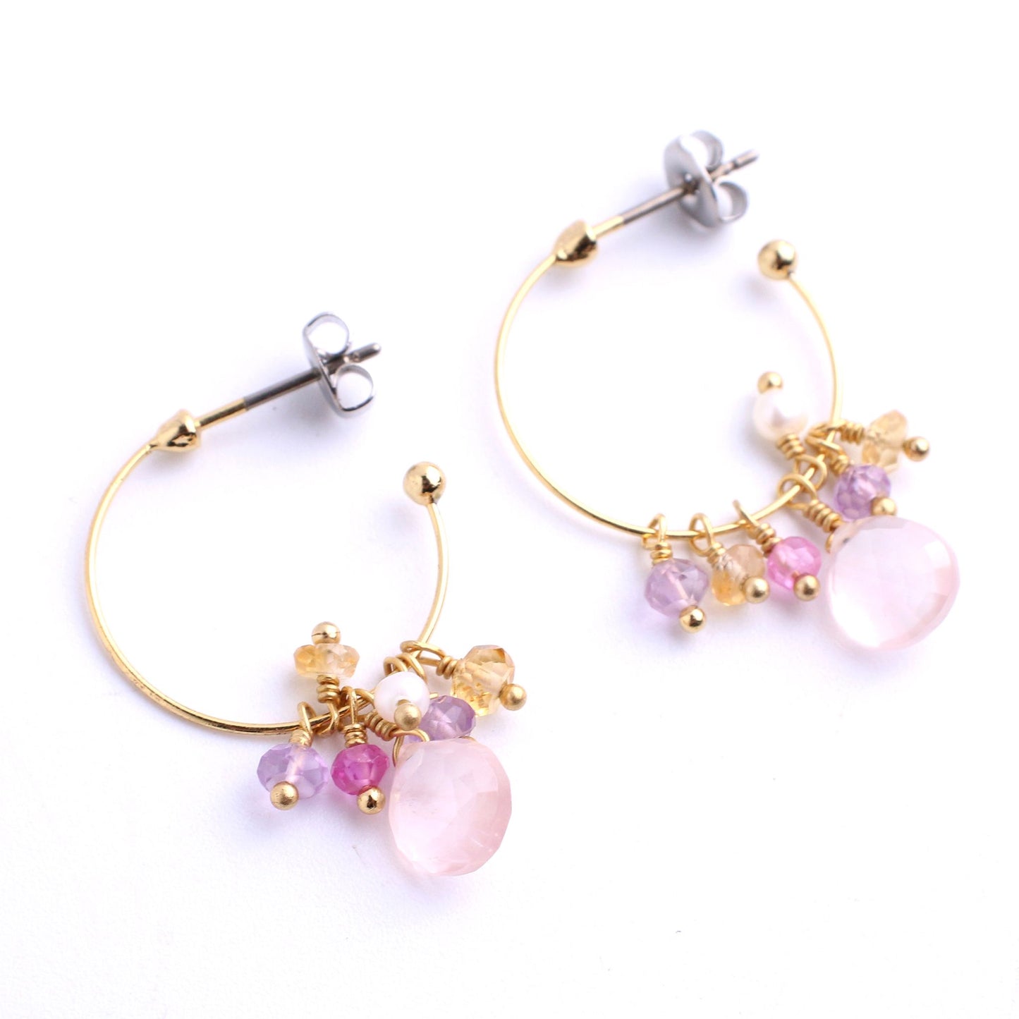 Rose Quartz x Pink Tolmarin x Pink Amethyst x Citrin x freshwater pearl hoop earrings