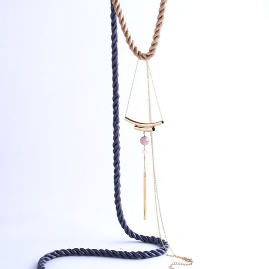 Strawberry quartz and metal motif long necklace