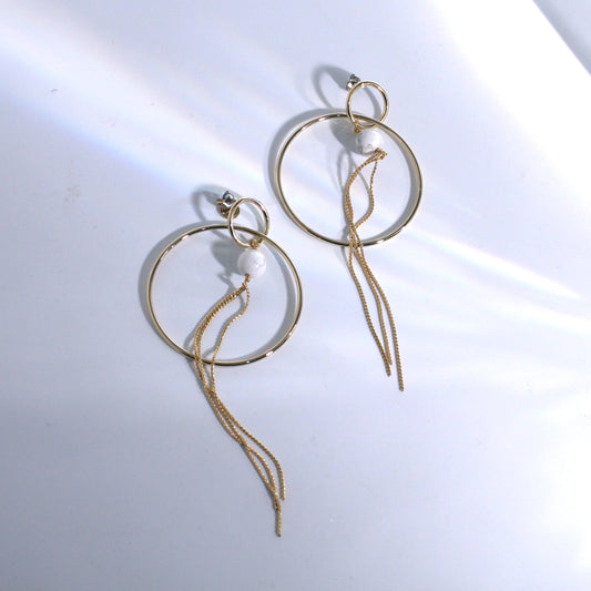 Haulite, metal motif and chain long earrings