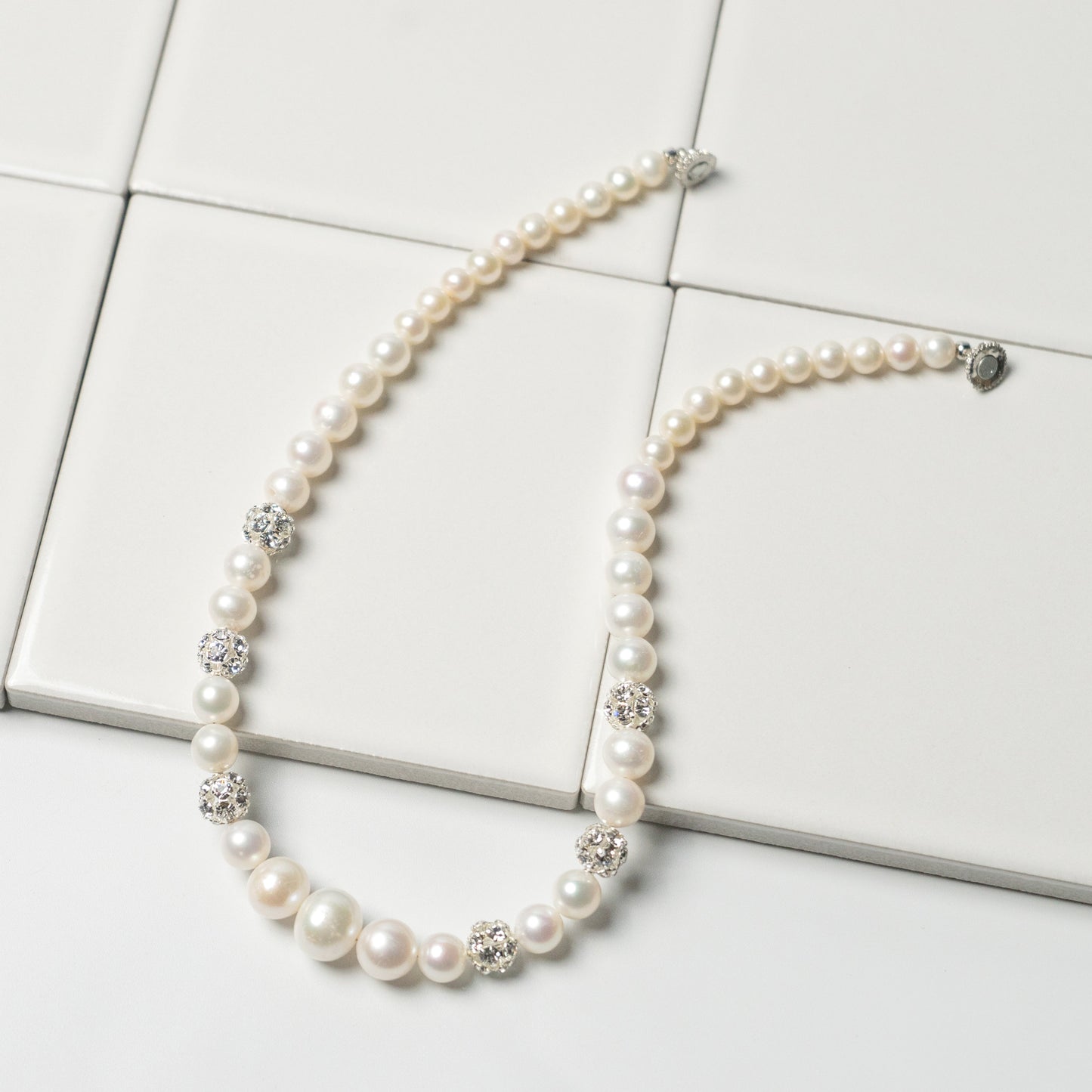 Freshwater Pearl x Pave Ball magnet necklace