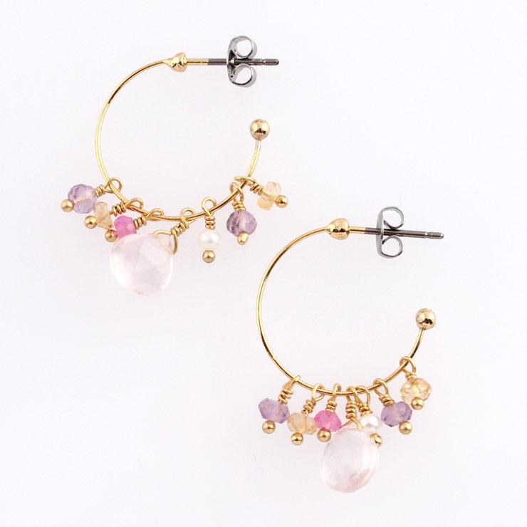 Rose Quartz x Pink Tolmarin x Pink Amethyst x Citrin x freshwater pearl hoop earrings